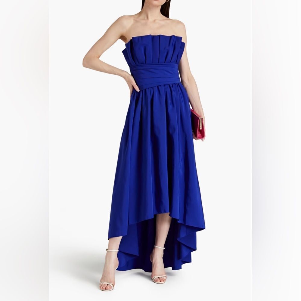 ML MONIQUE LHUILLIER Strapless asymmetric pleated taffeta gown size 4